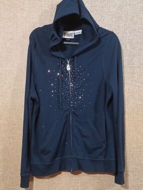 Christine Alexander Navy Hooded Zip Jacket with Crystal Studs